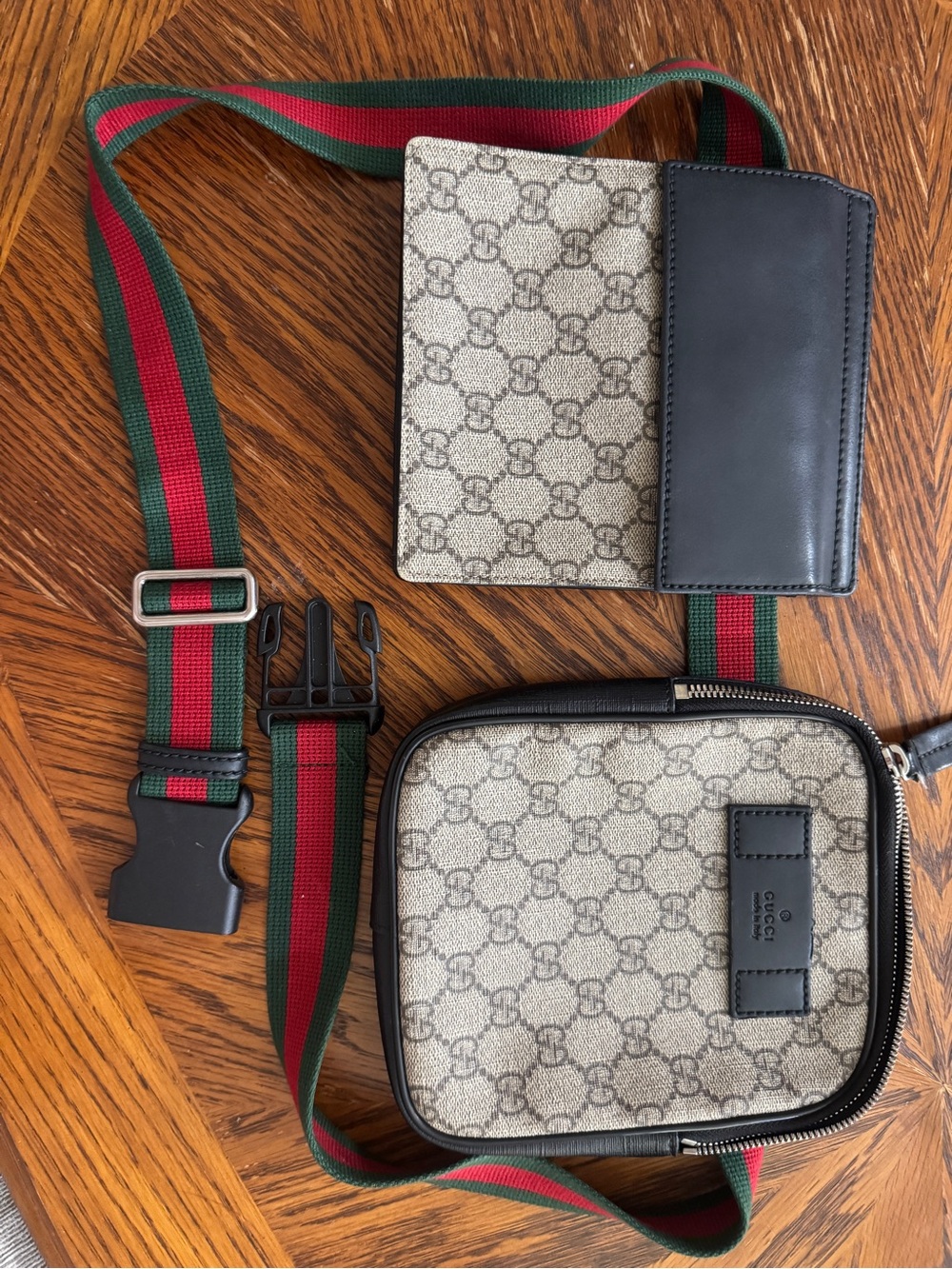 Gucci GG Monogram Crossbody Bag with Stripe Strap - Beige/Green/Red